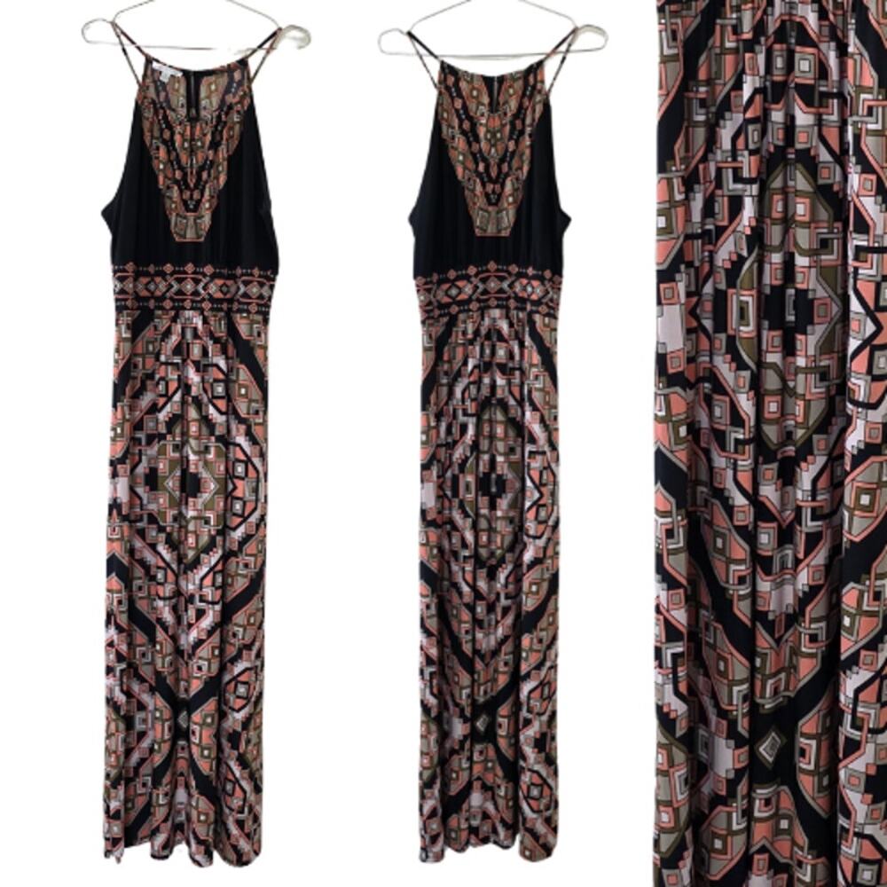 London Times Maxi Dress Boho Aztec Print Halter Neck Womens Size 12 Black